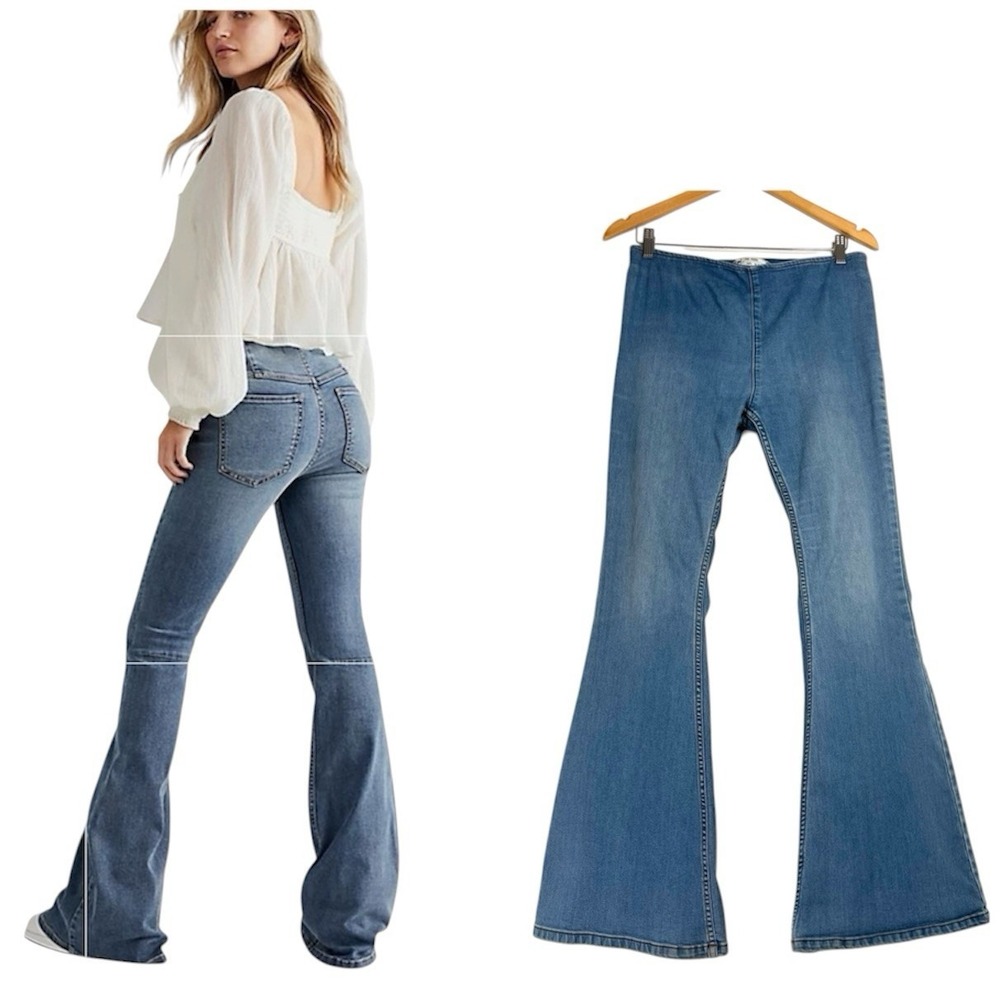 Free People Woman's Jeans  Mid-rise Denim 70s Flare Pull-on W31~L30 Short EUC!